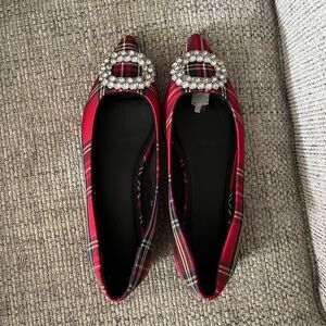 Elegant Red Plaid Women's Flats with Rhinestone Buckle